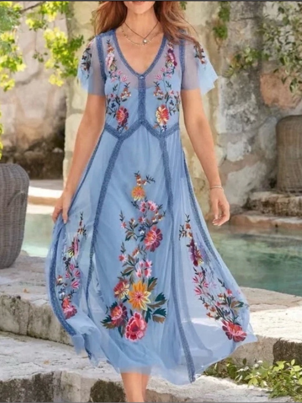 Sundance Light Blue Floral Embroidered V-Neck Maxi Dress